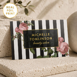 Luxury Vintage Floral Striped Salon Gold Foil Business Cards