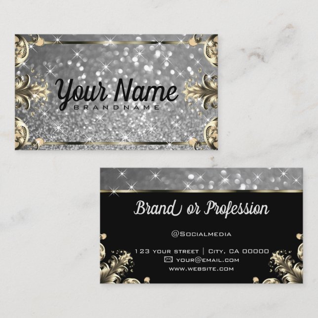 Luxury Vintage Flourish Glitter Luminous Stars Business Card (Front/Back)
