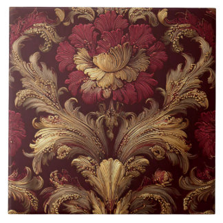 Luxury Vintage French Baroque Burgundy Gold Floral Ceramic Tile