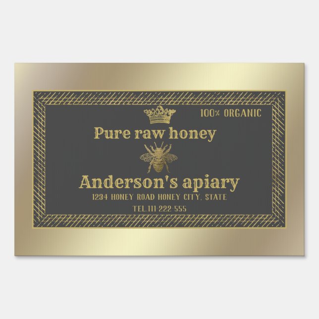 Luxury vintage gold apiary crown honey bee sign (Front)