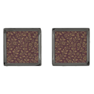 Luxury Vintage Gold Floral on Dark Burgundy Maroon Cufflinks