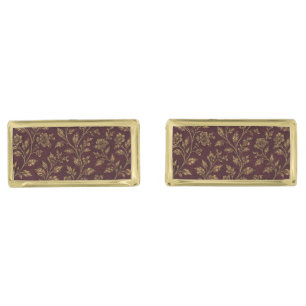 Luxury Vintage Gold Floral on Dark Burgundy Maroon Cufflinks