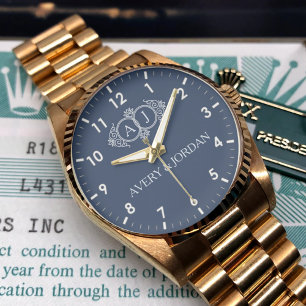 Luxury Vintage Monogram Initials Navy Blue Watch