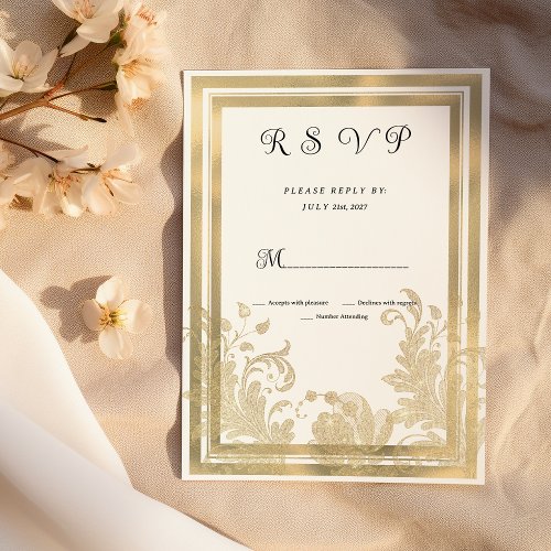 Luxury vintage white gold floral RSVP  Invitation