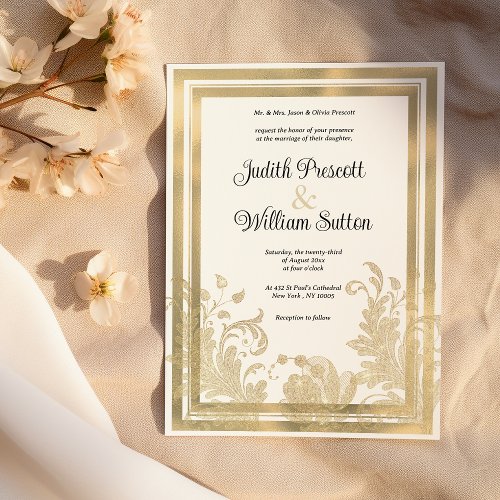 Luxury vintage white gold floral wedding invitation