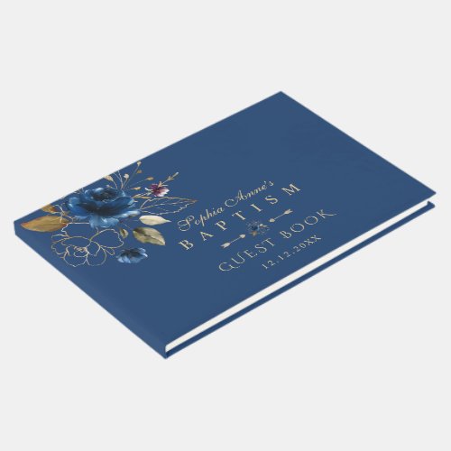 Luxury Watercolor Blue Gold Flowers Baptism Guest Book