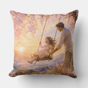 Luxury Watercolor Father and Daughter Swing Throw Pillow