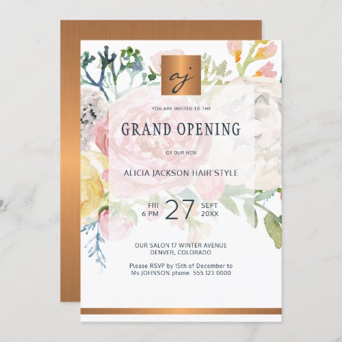 Luxury watercolor gold beauty salon grand opening invitation