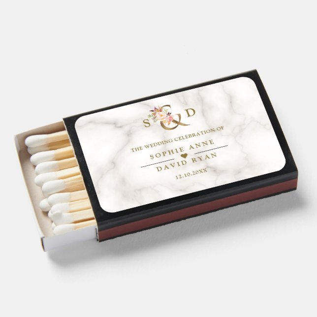Luxury Watercolor Pink Flowers Marble Wedding  Matchboxes (Front Open)