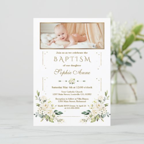 Luxury Watercolor White Floral Gold Photo Baptism  Invitation