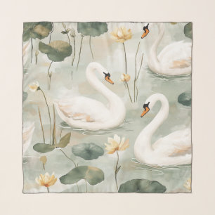 Luxury Watercolor White Swan and Water Lily Silk Scarf