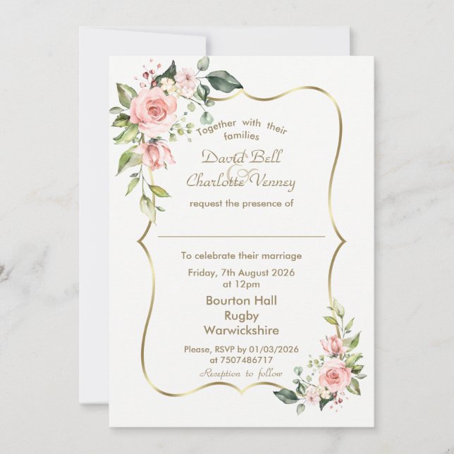 Luxury Watercolour Blush Pink Flowers Gold Wedding Invitation (Front)
