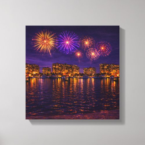 Luxury Waterfront Fireworks Night Canvas Wall Art