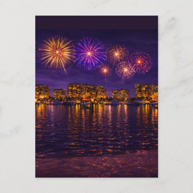 Luxury Waterfront Fireworks Night Canvas Wall Art  Postcard (Front)