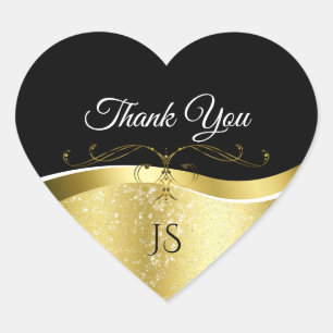 Luxury Wavy Gold Decor on Dark Black Thank You Heart Sticker