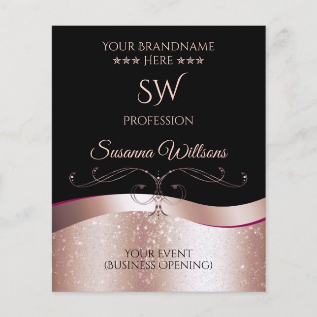 Luxury Wavy Rose Gold Decor Black Monogram Flyer (Front)