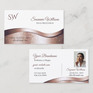 Luxury Wavy Rose Gold Decor White Monogram Photo Business Card