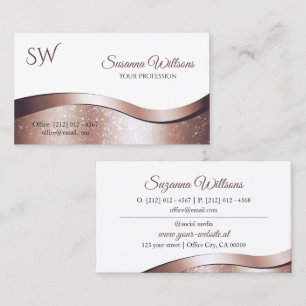 Luxury Wavy Rose Gold Decor White with Monogram Business Card