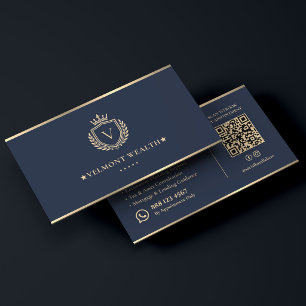Luxury Wealth Finance Dark Blue Faux Gold Crest Business Card