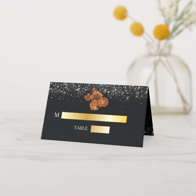 Luxury Wedding Black and Orange Floral design Place Card (Front)