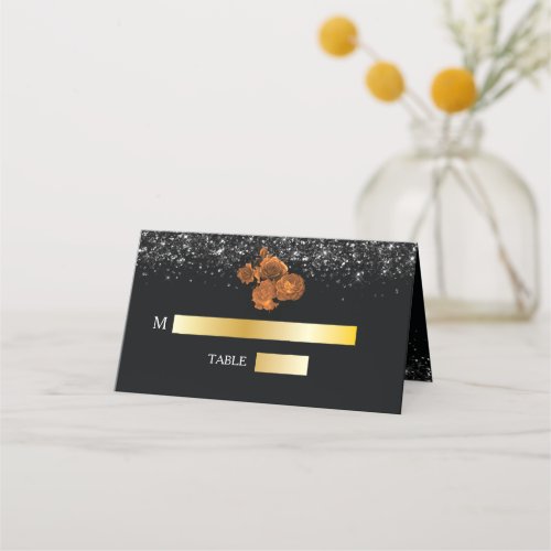 Luxury Wedding Black and Orange Floral design Place Card