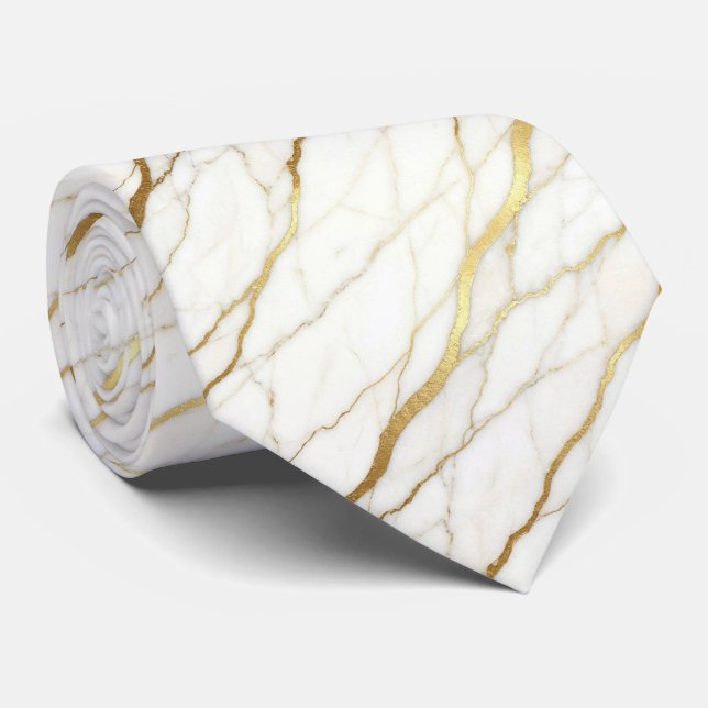 Luxury Wedding & Event Tie | White & Gold Marble  (Rolled)