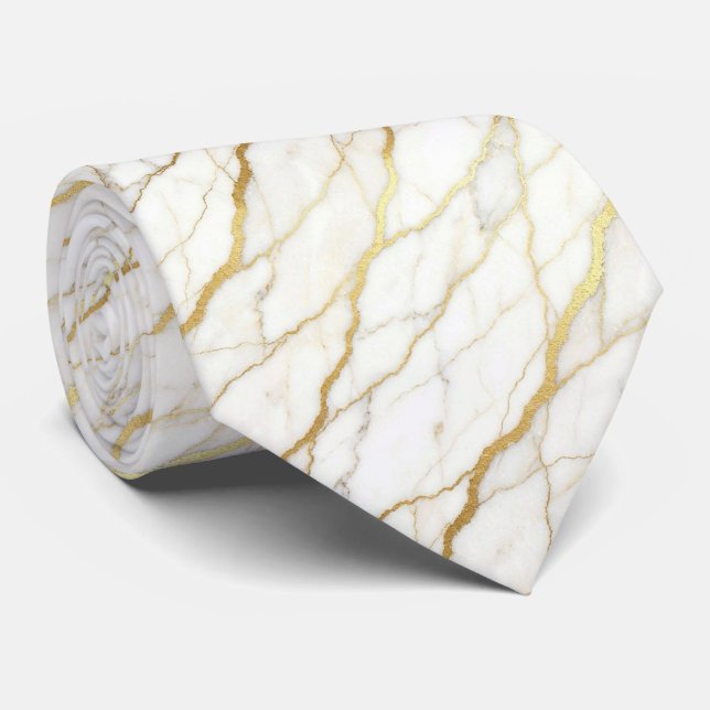 Luxury Wedding & Event Tie | White & Gold Marble  (Rolled)