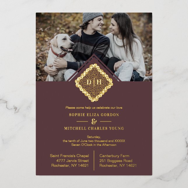 Luxury Wedding Initials Ornamental Lace Effect Foil Invitation (Front)