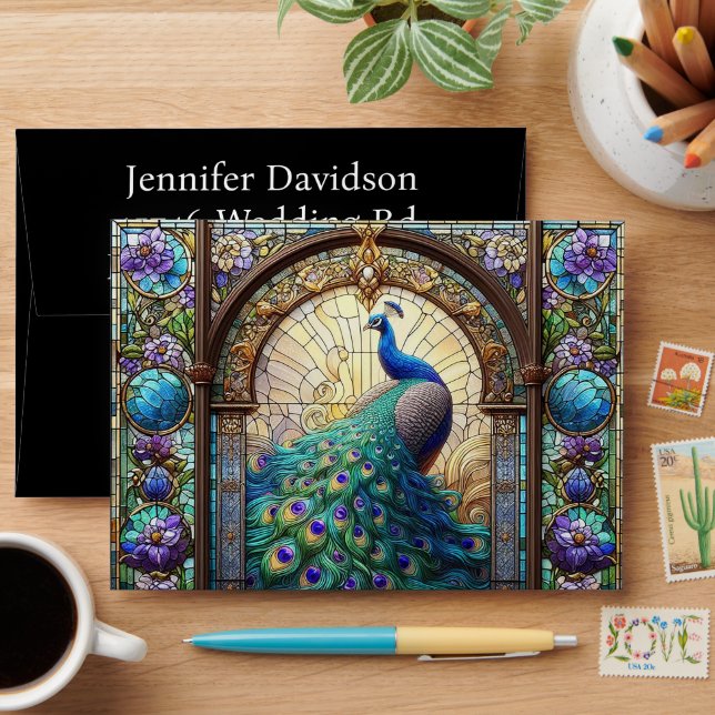 Luxury Wedding: Luxe Peacock Invitation Envelopes (Desk)
