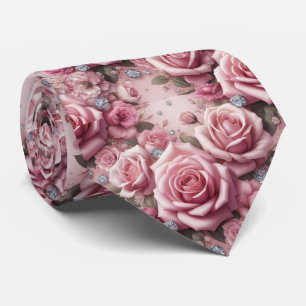 Luxury Wedding Neck Tie Pink Roses & Diamonds