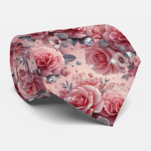 Luxury Wedding Neck Tie Pink Roses & Diamonds