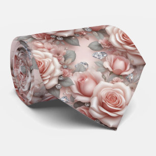 Luxury Wedding Neck Tie Pink Roses & Diamonds