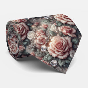 Luxury Wedding Neck Tie Pink Roses & Diamonds