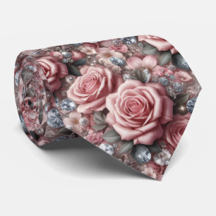 Luxury Wedding Neck Tie Pink Roses & Diamonds
