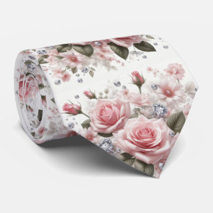 Luxury Wedding Neck Tie Pink Roses & Diamonds