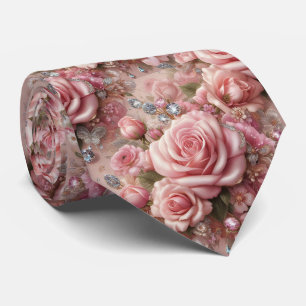 Luxury Wedding Neck Tie Pink Roses & Diamonds