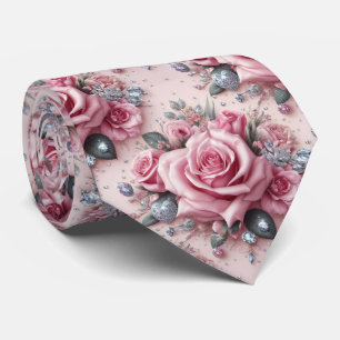 Luxury Wedding Neck Tie Pink Roses & Diamonds