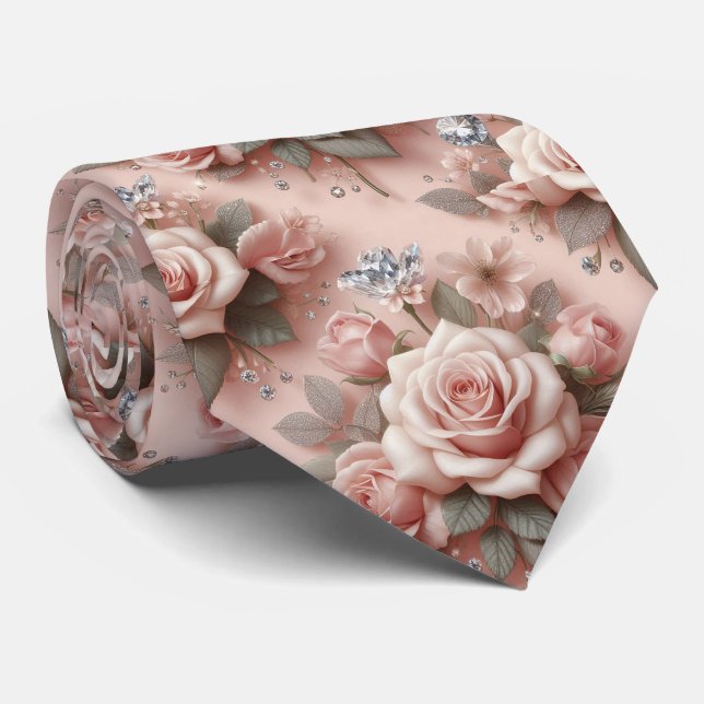 Luxury Wedding Neck Tie | Pink Roses & Diamonds (Rolled)