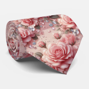 Luxury Wedding Neck Tie Pink Roses & Diamonds