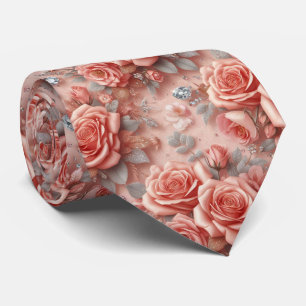 Luxury Wedding Neck Tie Pink Roses & Diamonds