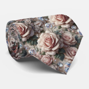 Luxury Wedding Neck Tie Pink Roses & Diamonds