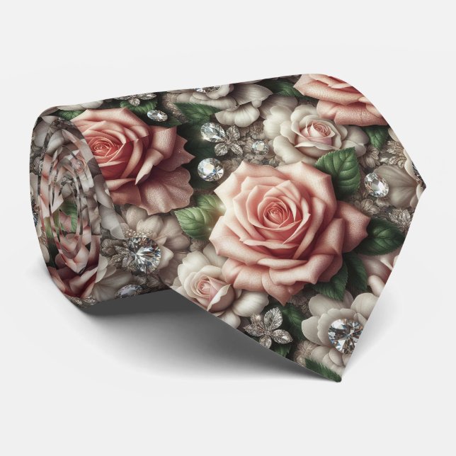 Luxury Wedding Neck Tie | Pink Roses & Diamonds (Rolled)