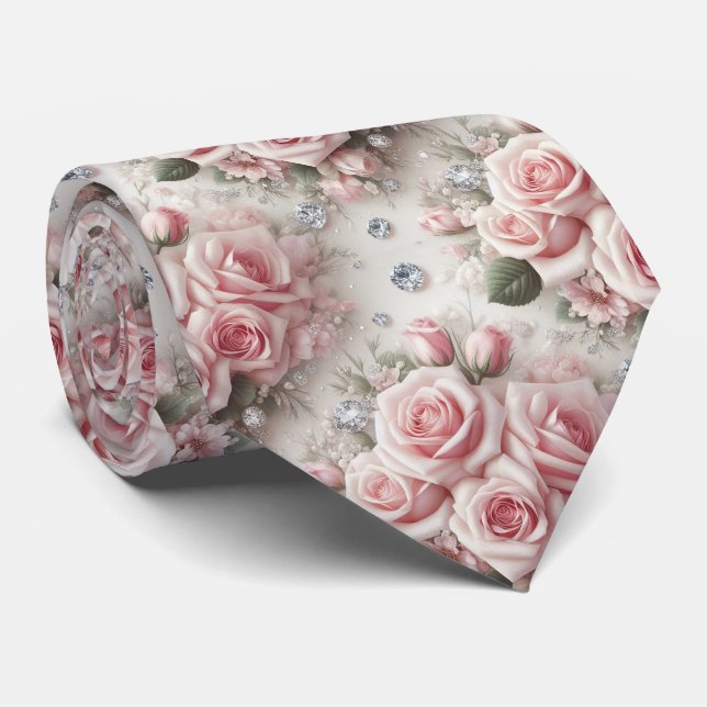 Luxury Wedding Neck Tie | Pink Roses & Diamonds (Rolled)