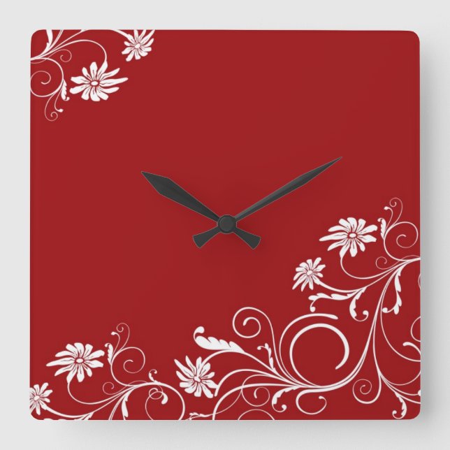 Luxury Wedding Red Floral Swirls Clock (Front)