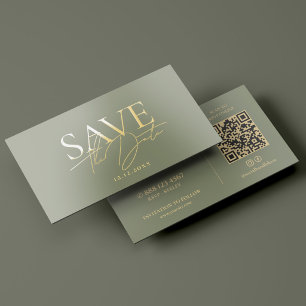 Luxury Wedding Save The Date QR Sage Gold Foil Business Cards