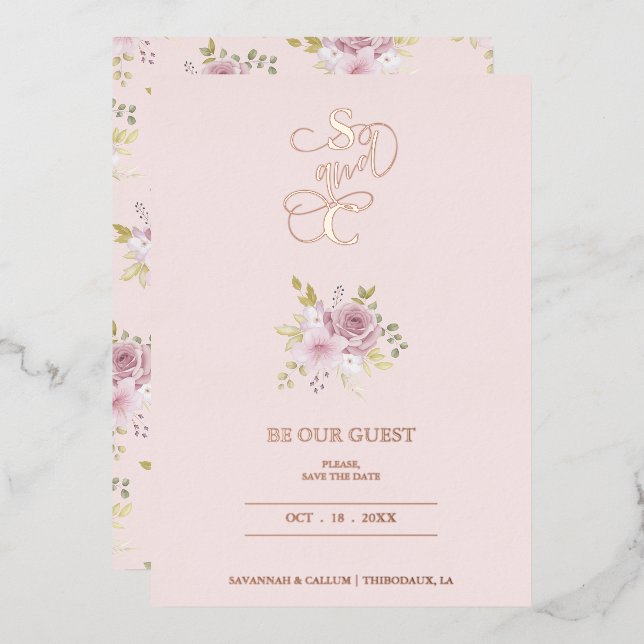 Luxury Wedding Spring Floral Pink Bouquet Foil Invitation (Front/Back)