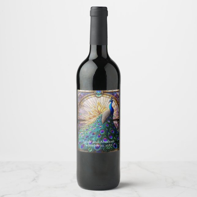 Luxury Wedding: Stained Glass Peacock Wine Labels (Front)