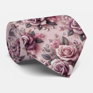 Luxury Wedding Tie Pink Purple Roses & Diamonds