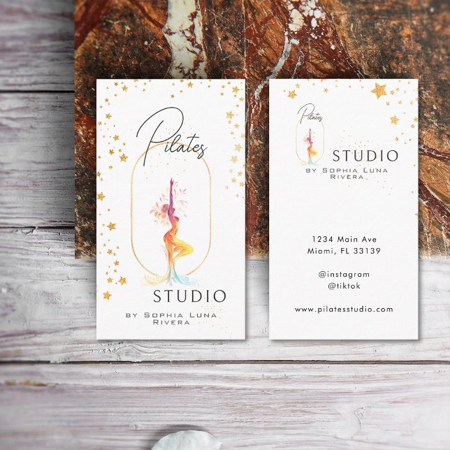 Luxury Wellness Yoga Beauty Studio Golden Stars  Business Card (Wellness Yoga Beauty Studio Golden Celestial Business Card)