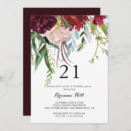 Luxury Whimsical Boho Floral 21st Birthday Party Invitation